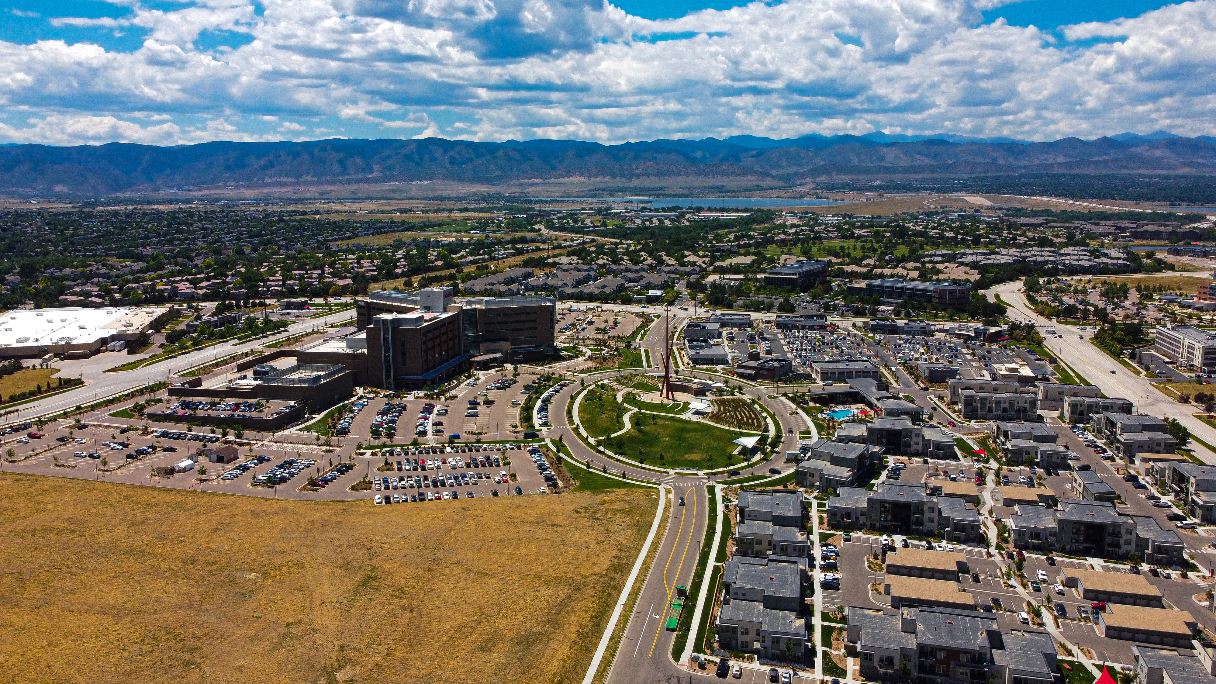 Aerial view of Highlands Ranch, Colorado neighborhoods with open space